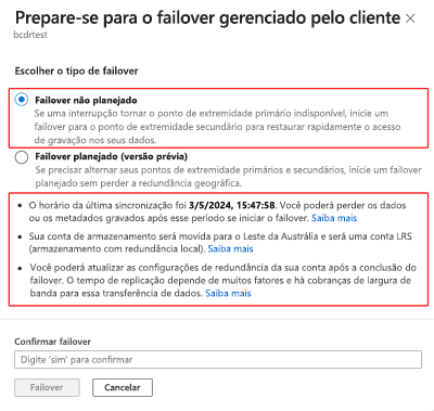 Captura de tela mostrando a opção de failover selecionada na janela Preparar para failover.