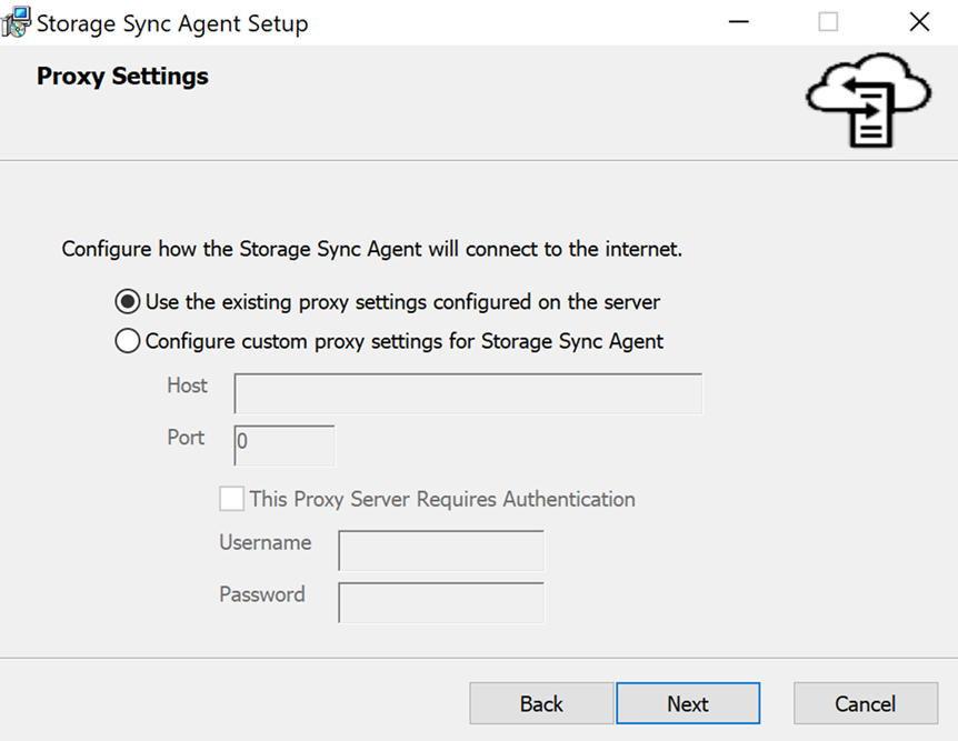 Captura de tela das Configurações de Proxy do Assistente de Instalação do Agente de Sincronização de Arquivos.