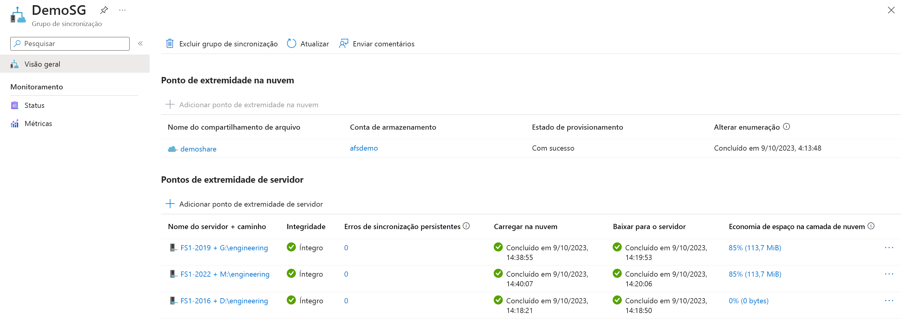 Captura de tela que mostra a integridade do ponto final do servidor no portal do Azure.