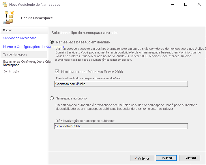 Uma captura de tela da seleção entre um namespace baseado em domínio e um namespace autônomo no Assistente do novo namespace.