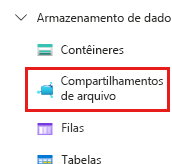 Captura de tela mostrando a seção de armazenamento de dados da conta de armazenamento; selecione compartilhamentos de arquivos.