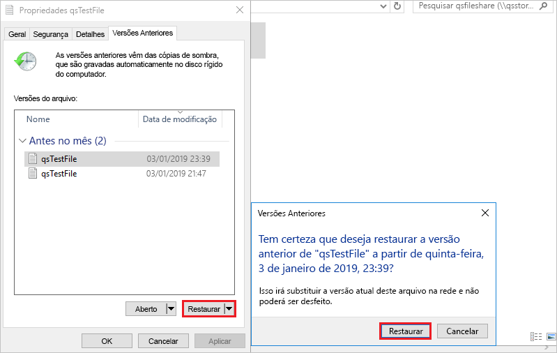 Captura de tela da guia “Versões anteriores” com o botão de restauração realçado na mensagem de aviso.