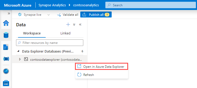 Captura de tela do Azure Synapse Studio, mostrando a abertura do Azure Data Explorer no contexto de um pool específico.