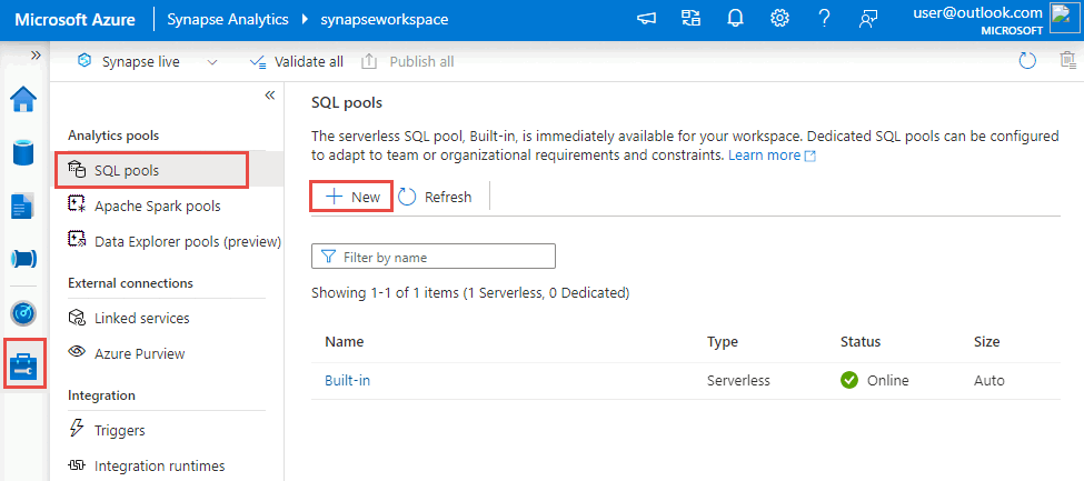 Captura de tela que mostra como criar um pool dedicado de SQL do Azure Synapse no Synapse Studio.