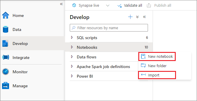 Captura de tela das seleções para criar ou importar um notebook.