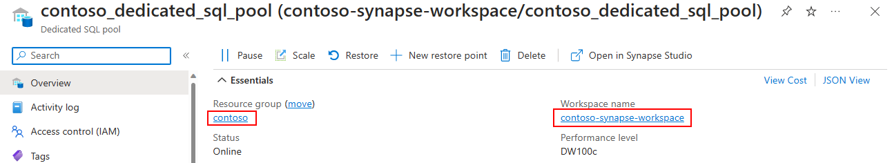 Uma captura de tela do portal do Azure com o nome do servidor e o workspace realçados.