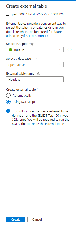 Captura de tela do portal do Azure do Azure Synapse Analytics da caixa de diálogo criar tabela externa.