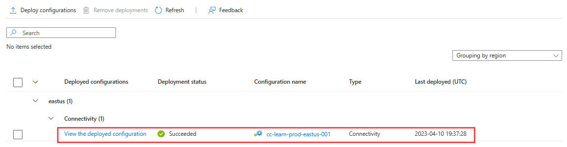 Captura de tela de uma implantação de configuração que mostra um status de conclusão bem-sucedida.