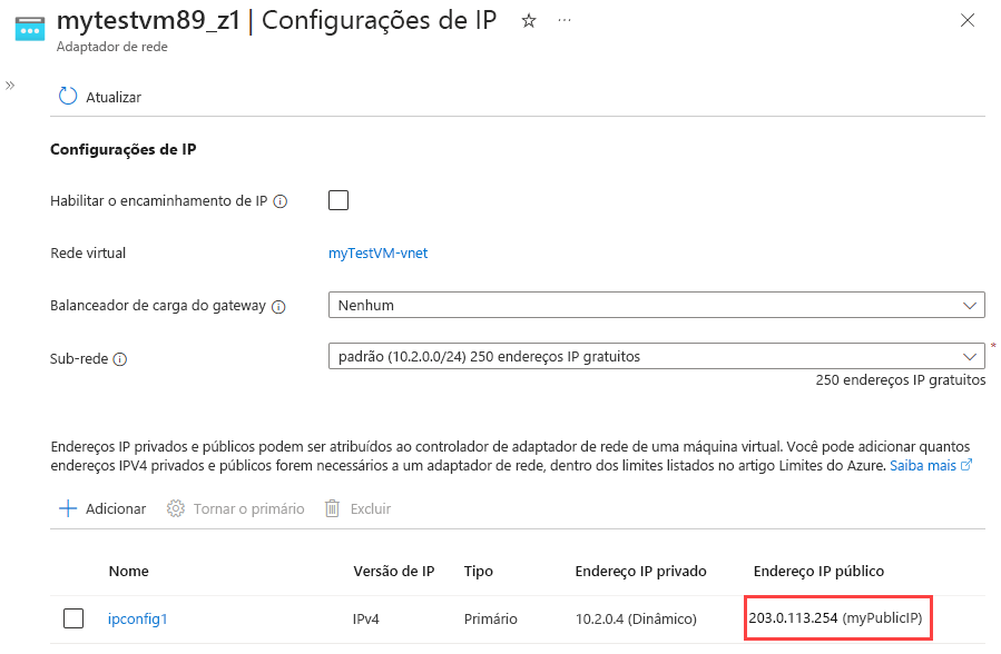 Captura de tela mostrando o IP público recém-atribuído.