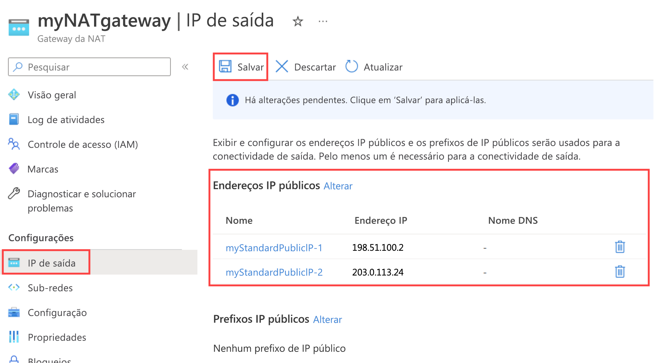 Captura de tela da página de configuração de IP de saída do gateway NAT mostrando o endereço IP público adicionado.