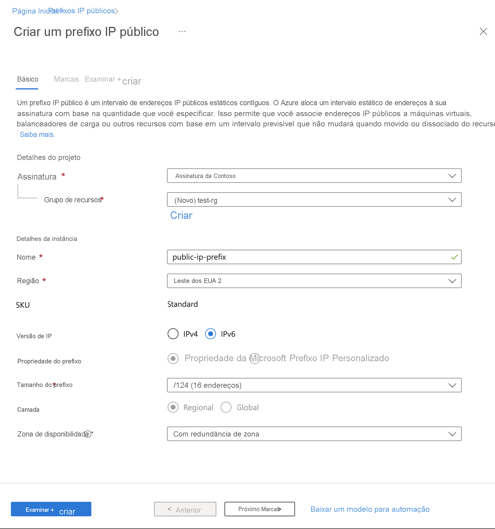 Captura de tela da criação de prefixo de endereço IP público IPv6 no portal do Azure.