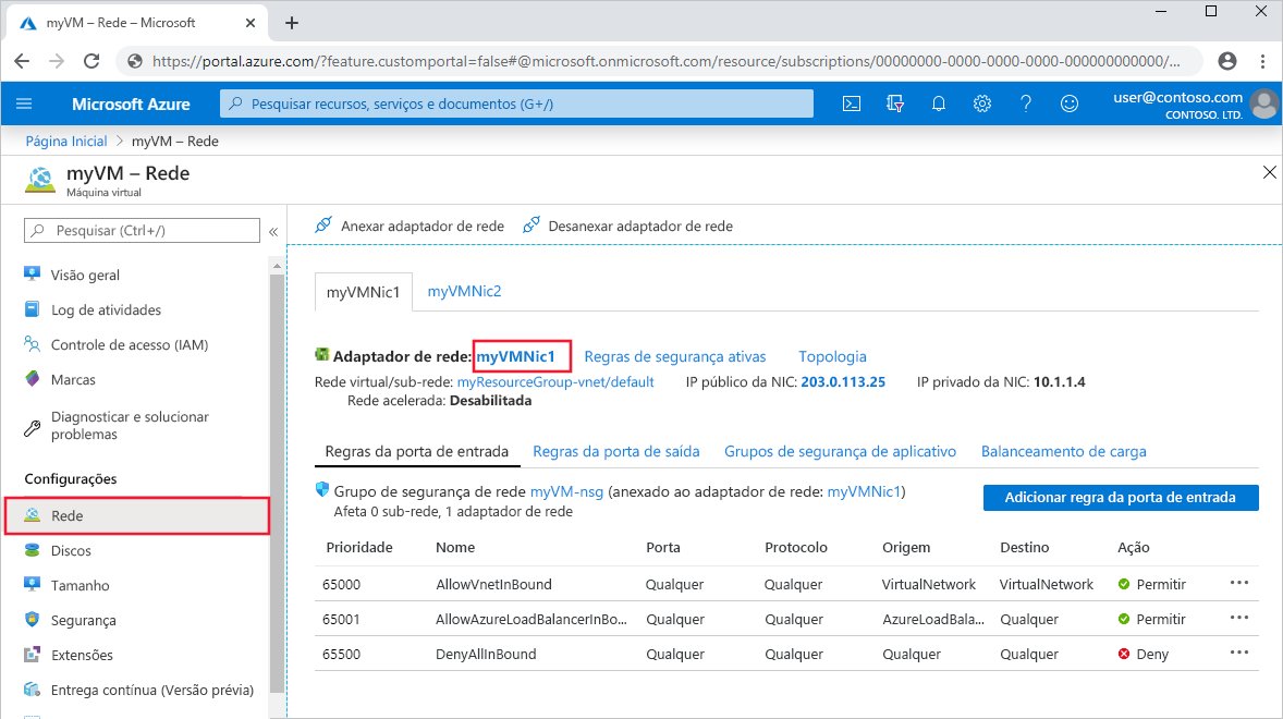 Captura de tela que mostra as configurações da interface de rede virtual no portal do Azure.