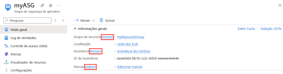 Captura de tela que mostra a alteração de um grupo de segurança do aplicativo no portal do Azure.