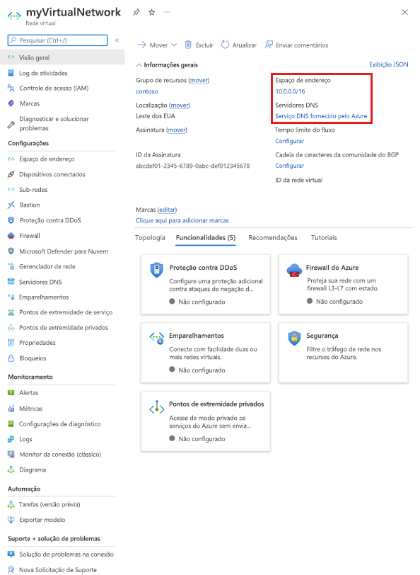 Captura de tela da página de visão geral Rede Virtual. Ela inclui informações essenciais como grupo de recursos, informações sobre assinatura e DNS.