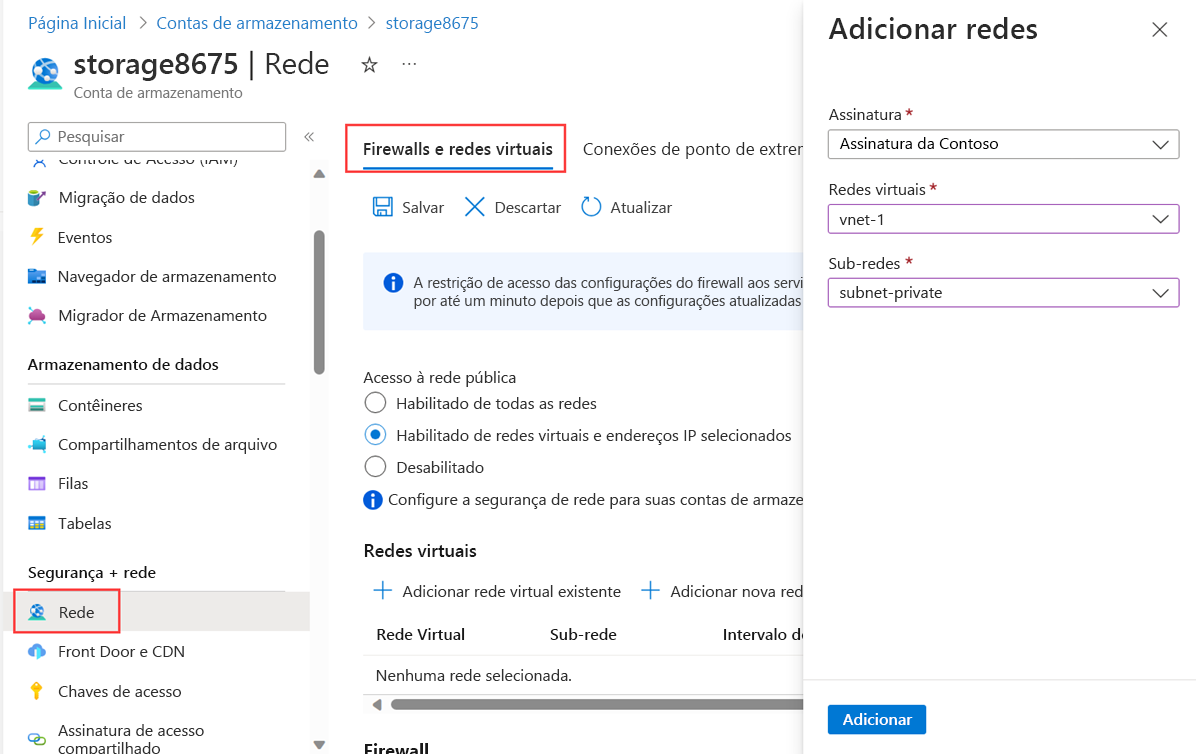 Captura de tela da restrição da conta de armazenamento à sub-rede e à rede virtual criada anteriormente.