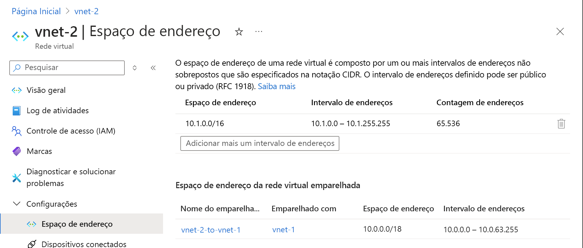 Captura de tela da página Espaço de Endereço onde você verifica se o espaço de endereço foi alterado.