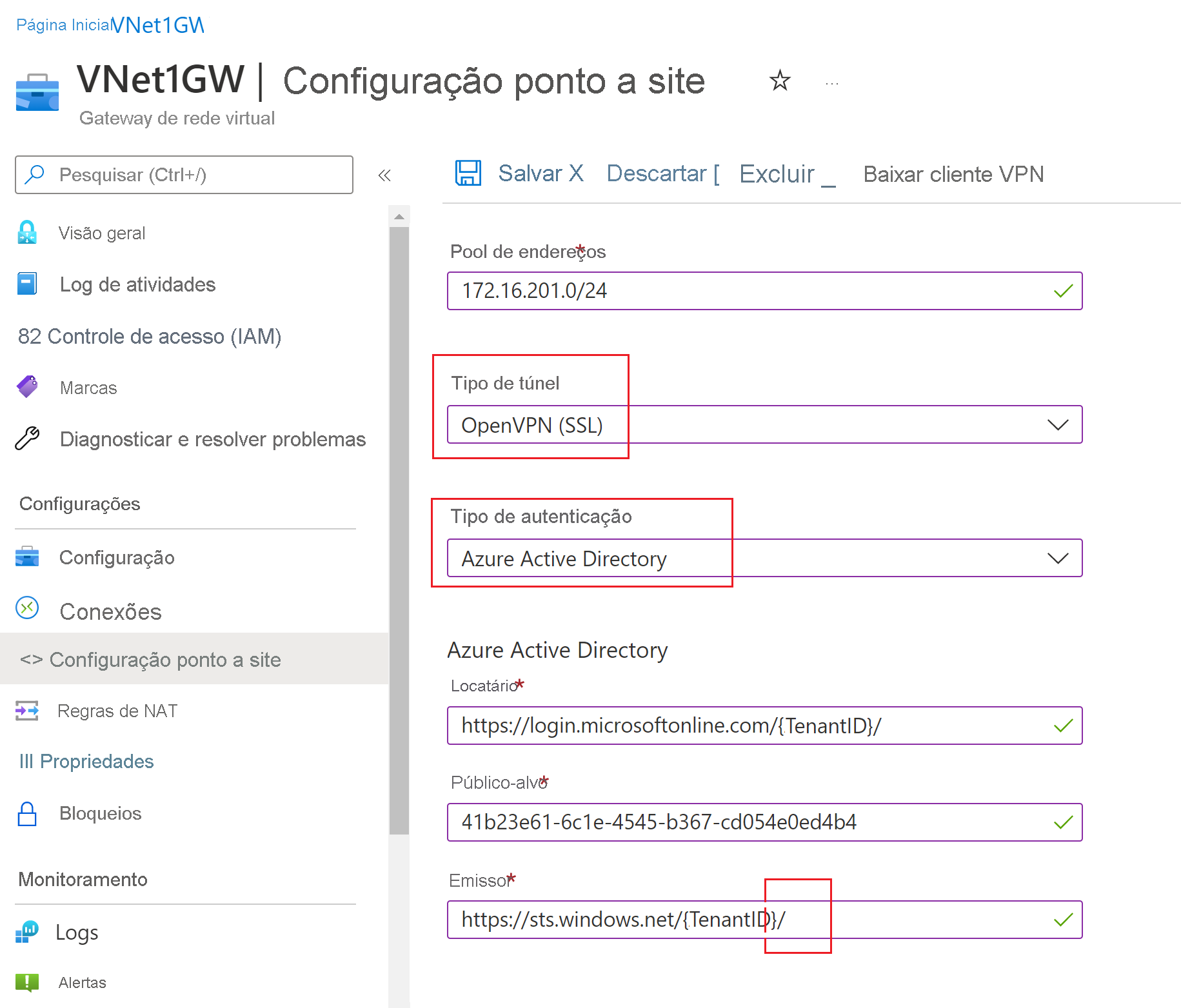 Captura de tela mostrando as configurações de Tipo de túnel, Tipo de autenticação e configurações do Microsoft Entra.