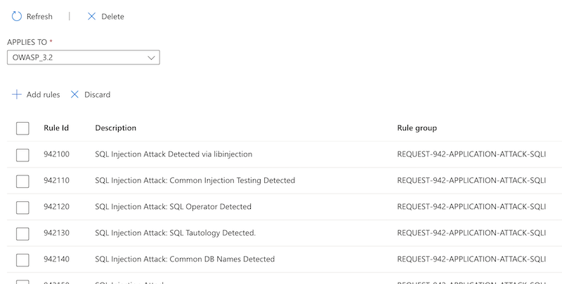 Captura de tela do portal do Azure que mostra a configuração de exclusão por regra da política do WAF.