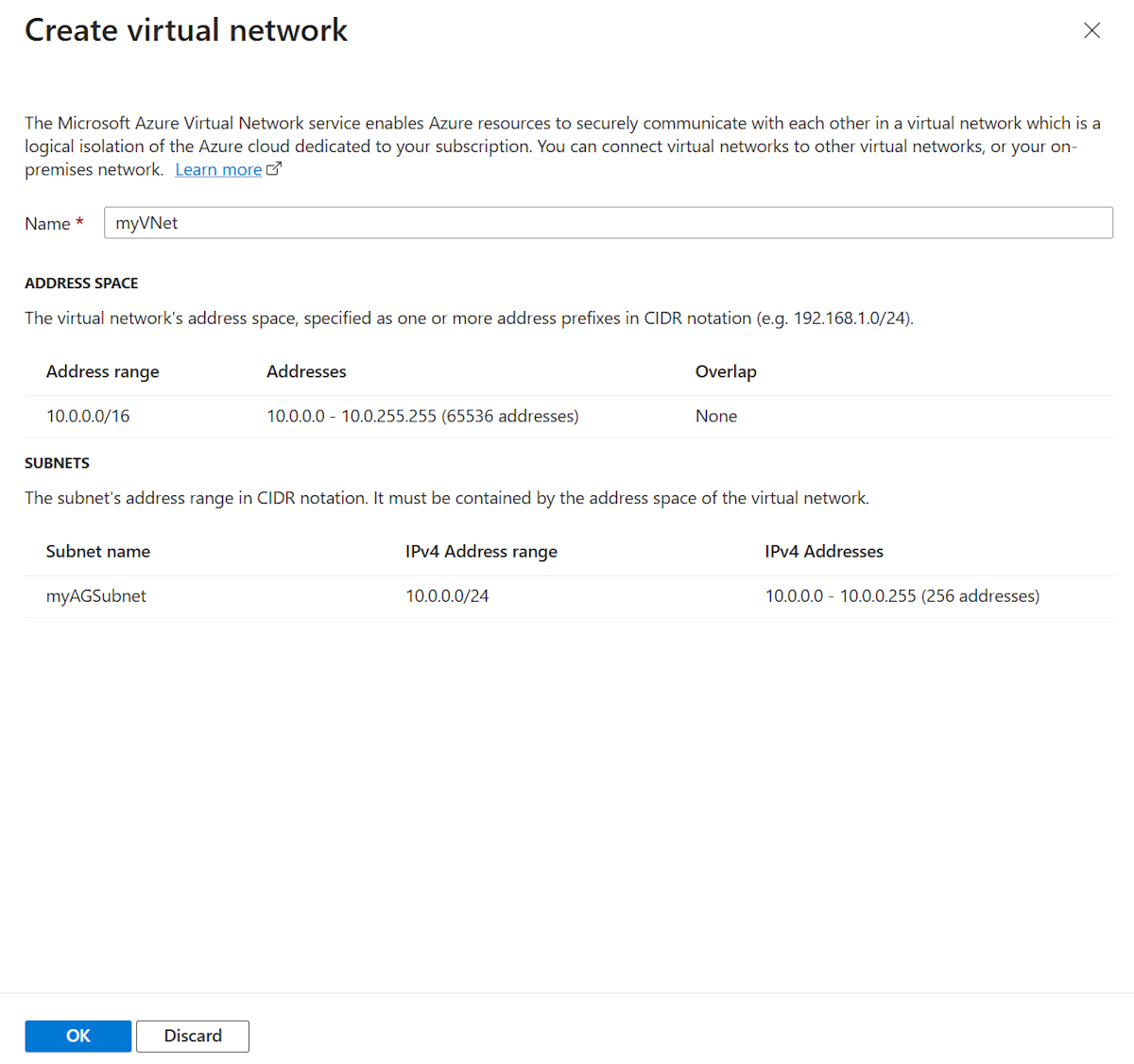 Captura de tela de Criar gateway de aplicativo: Criar rede virtual.