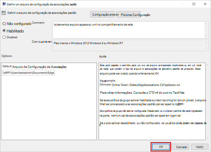 Habilitar associação de arquivo na política de grupo