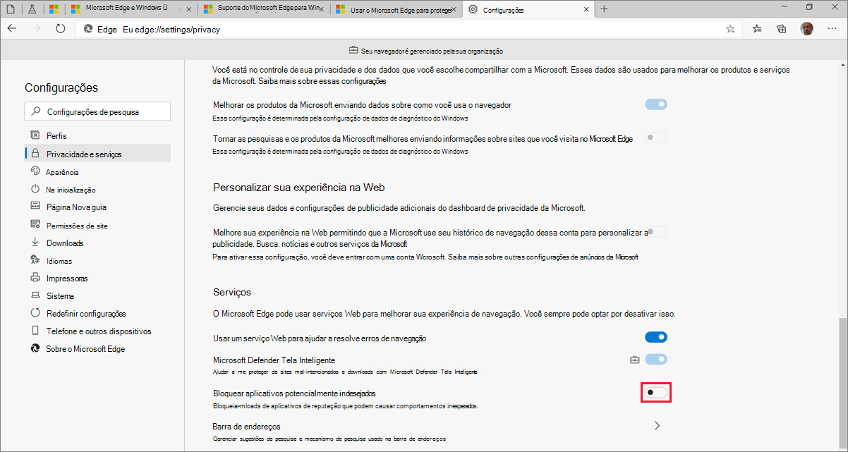 Ativar o Microsoft Edge PUA nas Configurações
