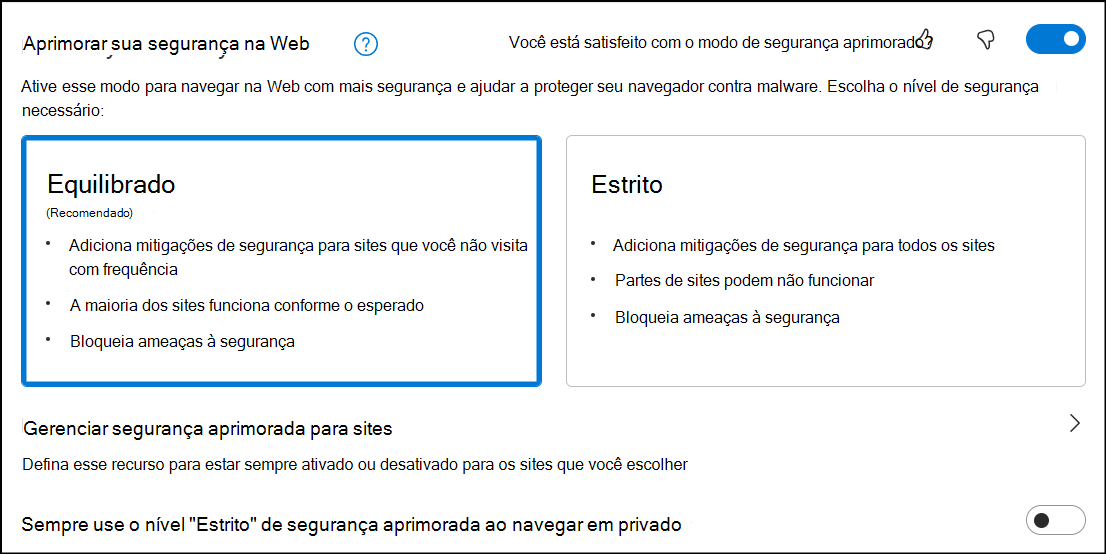 Caixa de diálogo para configurar a segurança balanceada na Web.