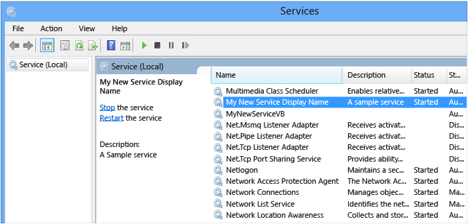 MyNewService na janela Serviços.