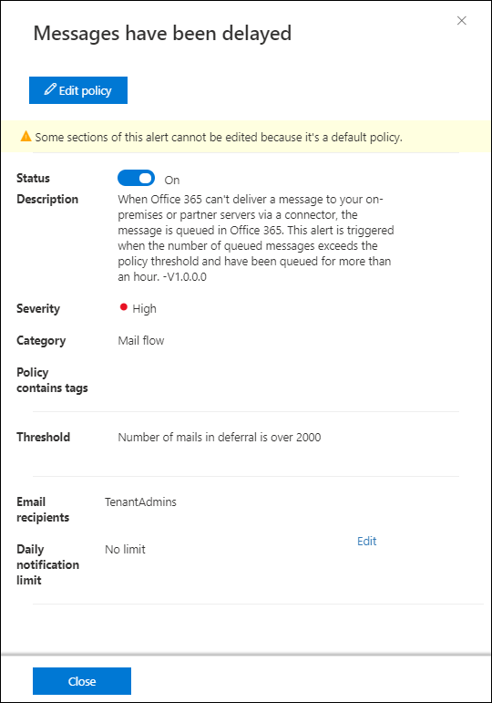 As mensagens atrasaram os detalhes da política de alertas no portal do Microsoft Defender.