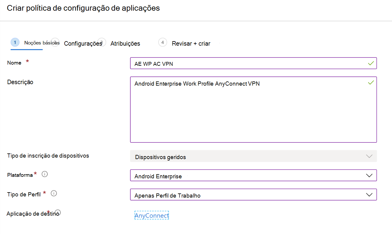 Criar uma política de configuração de aplicações para configurar a VPN ou a VPN por aplicação no Microsoft Intune