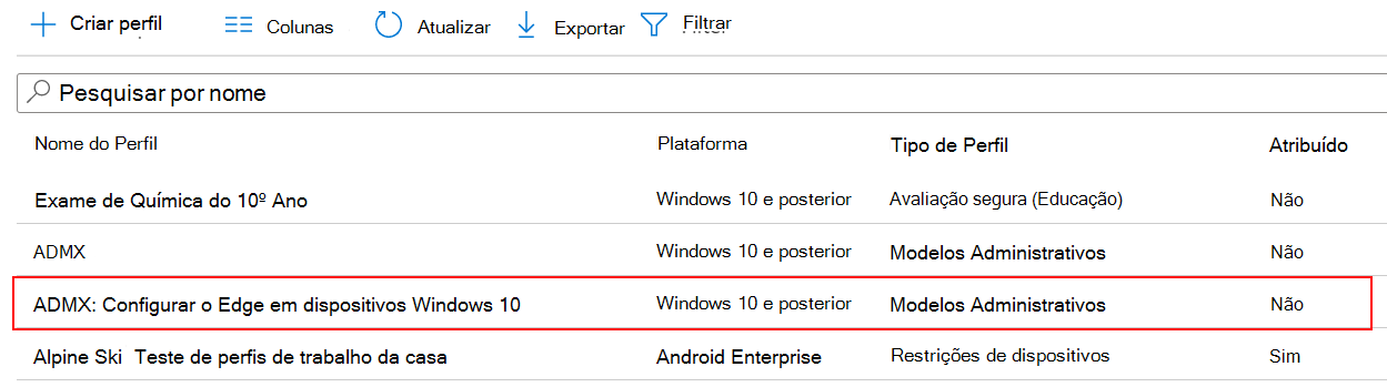 Captura de ecrã a mostrar a definição de política do ADMX na lista de perfis de configuração do dispositivo no Microsoft Intune e Intune centro de administração.