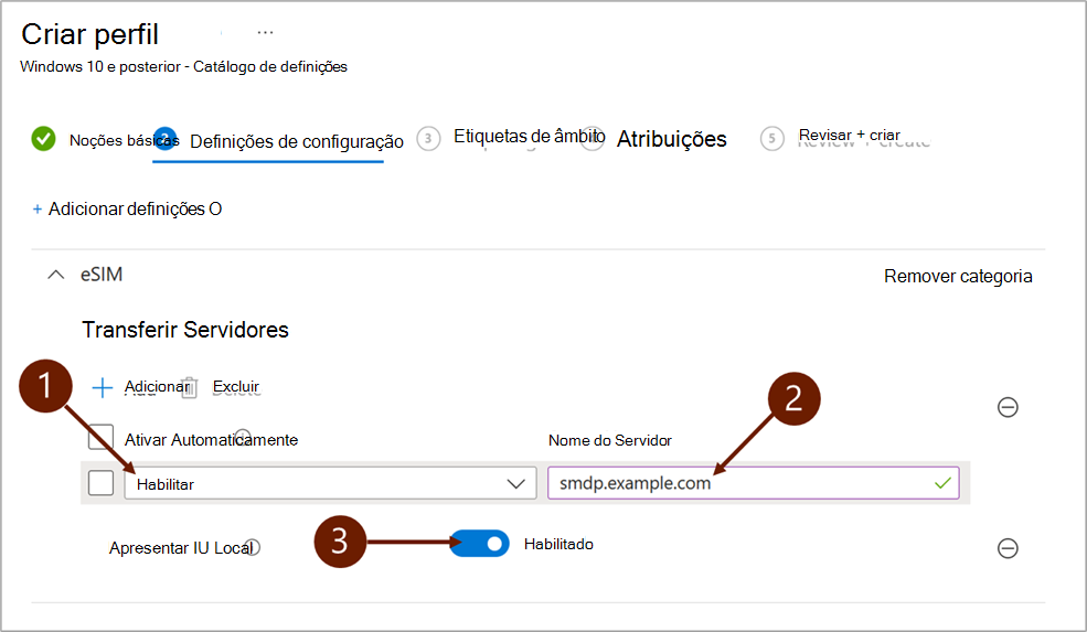 Captura de ecrã que mostra as definições de configuração ao adicionar um servidor de transferência eSIM no Microsoft Intune.