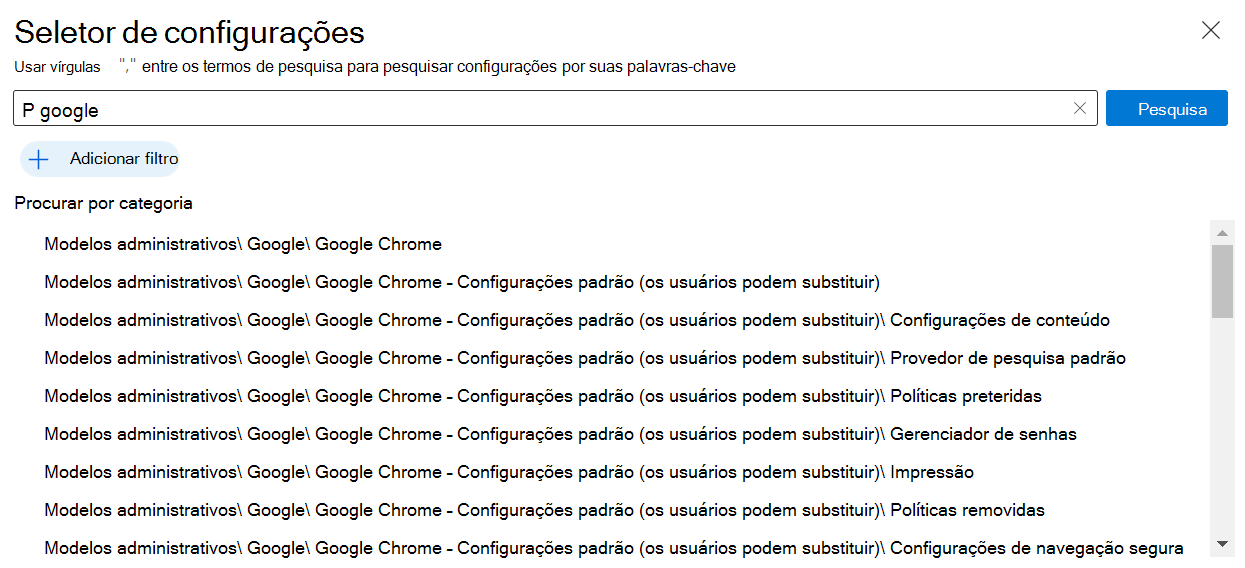 Captura de ecrã que mostra as definições do Google Chrome no catálogo de definições incorporado no Microsoft Intune e no centro de administração do Intune. Utilize estas definições para criar e configurar uma política do Google Chrome em dispositivos Windows.