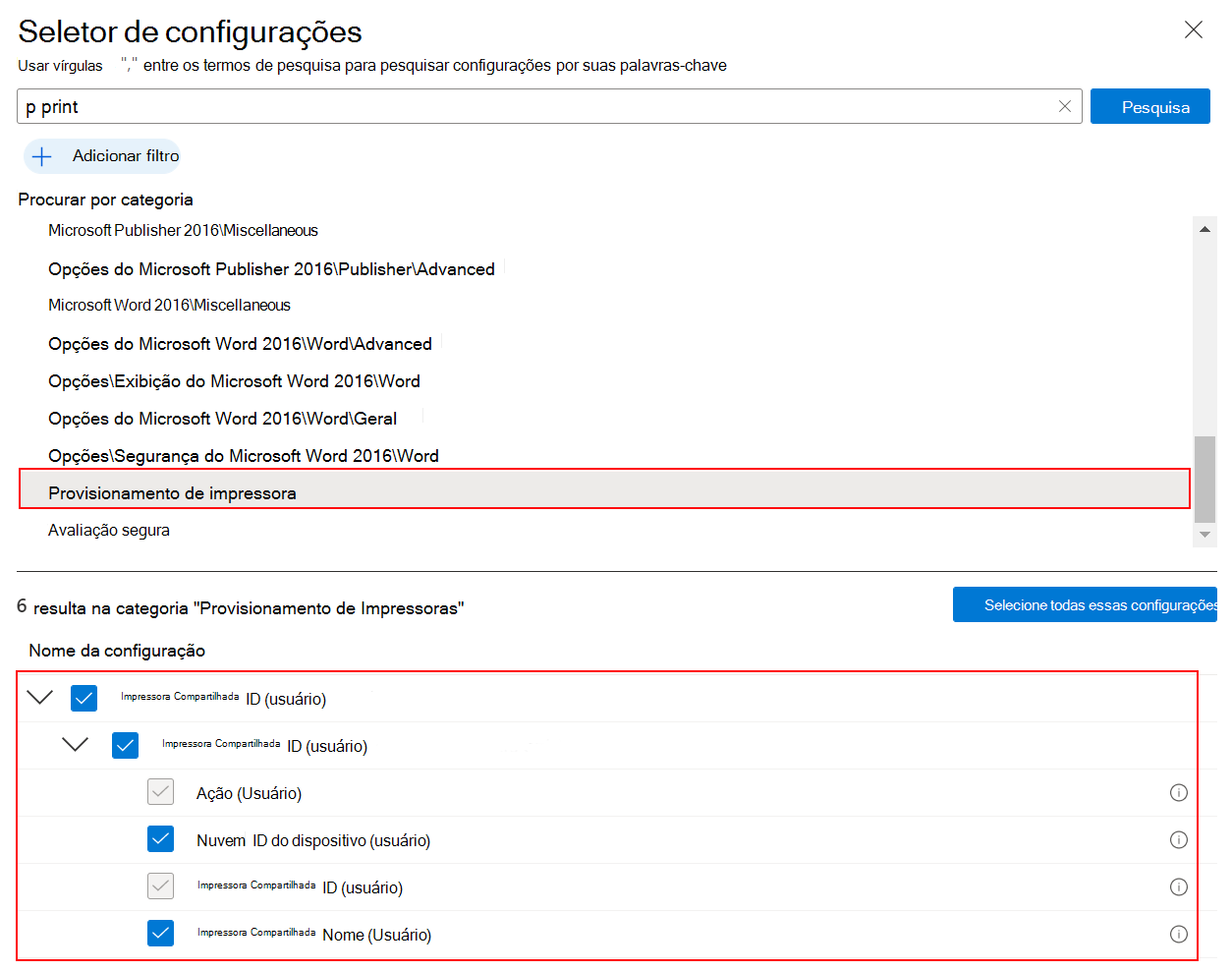 Captura de ecrã que mostra como selecionar o aprovisionamento de impressoras no catálogo de definições para criar uma política de impressão universal no Microsoft Intune e no centro de administração do Intune.