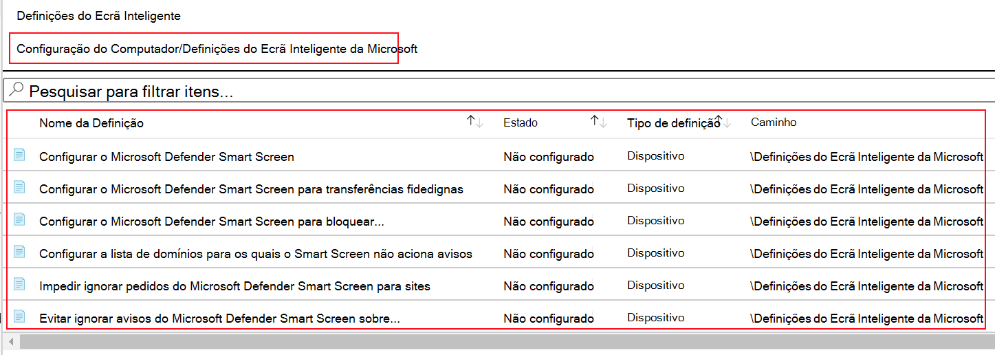 Captura de ecrã que mostra como ver as definições de política do Microsoft Edge SmartScreen em modelos ADMX no Microsoft Intune.