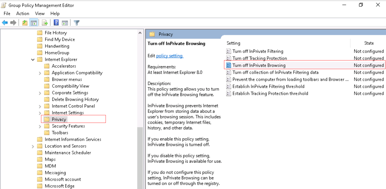 Captura de ecrã que mostra como desativar a Navegação InPrivate na Internet Explorer com o modelo ADMX.