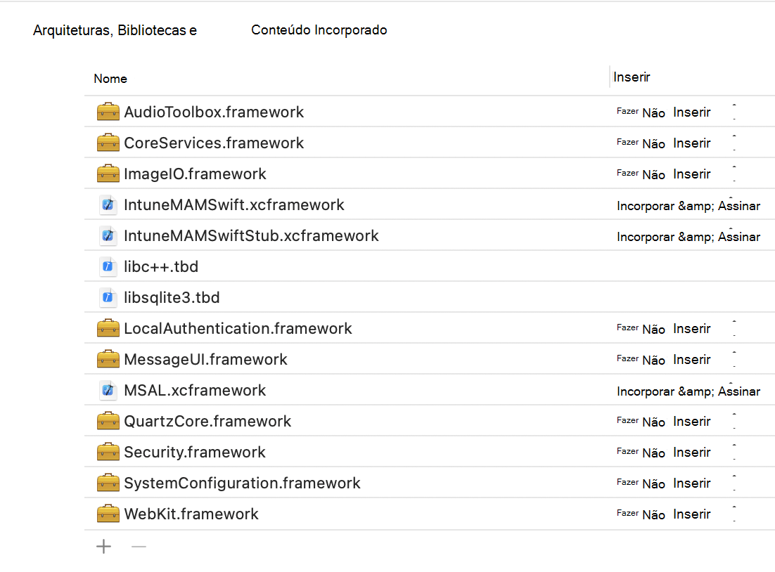 Intune SDK da Aplicação iOS Framework: Xcode Frameworks, Bibliotecas e Exemplo de Conteúdo Incorporado