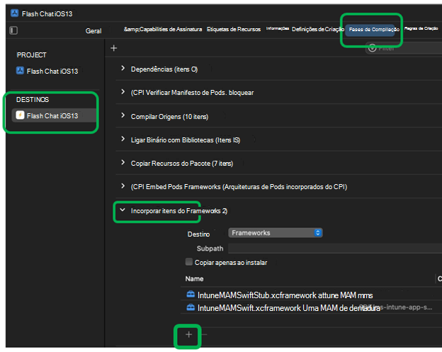 Captura de ecrã a mostrar arquiteturas de incorporação no Xcode num dispositivo macOS.