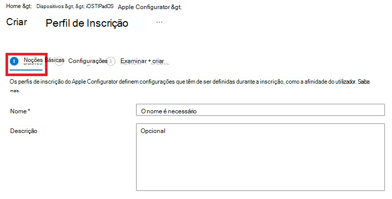 Captura de tela do painel criar perfil de registro com a guia Básico selecionada.