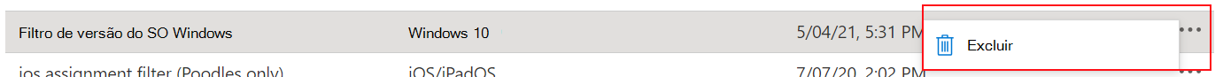 Captura de ecrã que mostra como eliminar um filtro no Microsoft Intune.