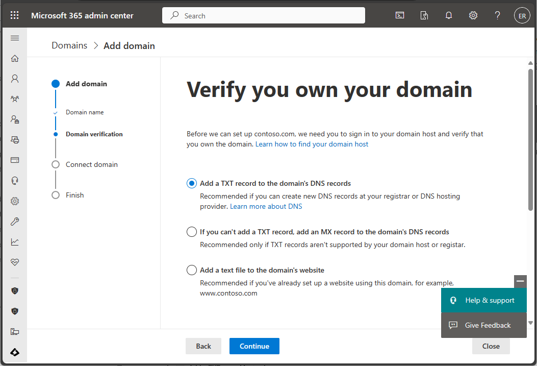 Captura de tela do Centro de administração do Microsoft 365 – Verificar domínio