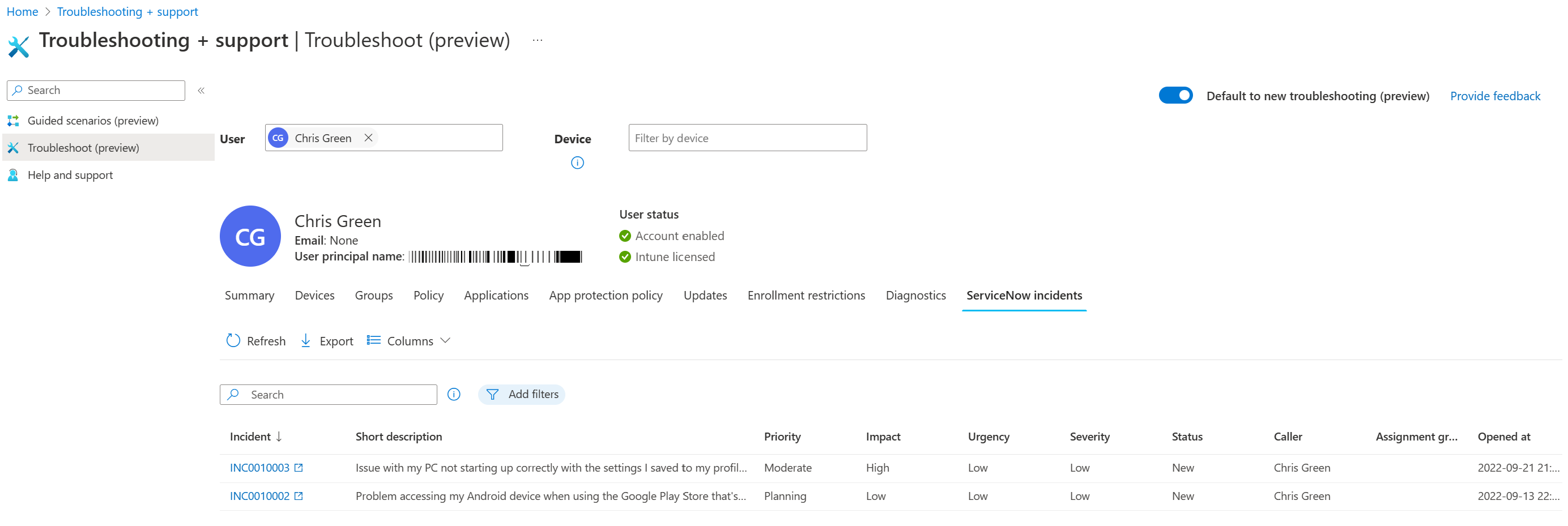 Captura de ecrã que mostra a vista incidentes do Service Now com uma lista de todos os incidentes do utilizador selecionado.