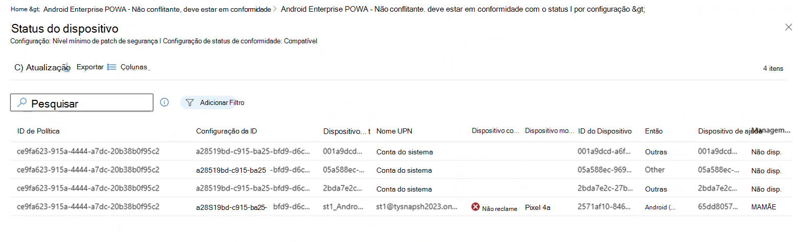 Captura de ecrã que apresenta os resultados da exploração num resultado de status por definição para ver os detalhes dos dispositivos que comunicaram que status.