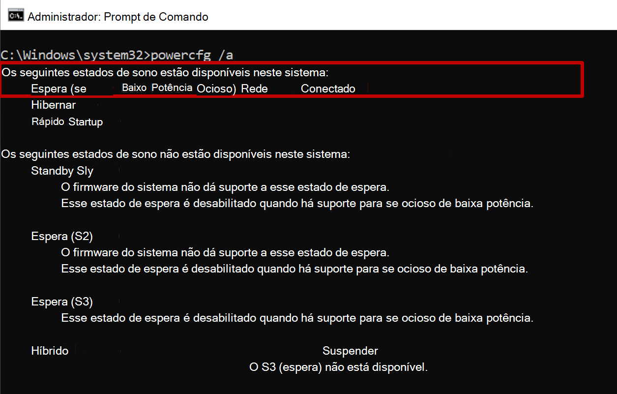 Captura de tela do prompt de comando exibindo a saída do comando powercfg com o estado em espera S0 disponível.