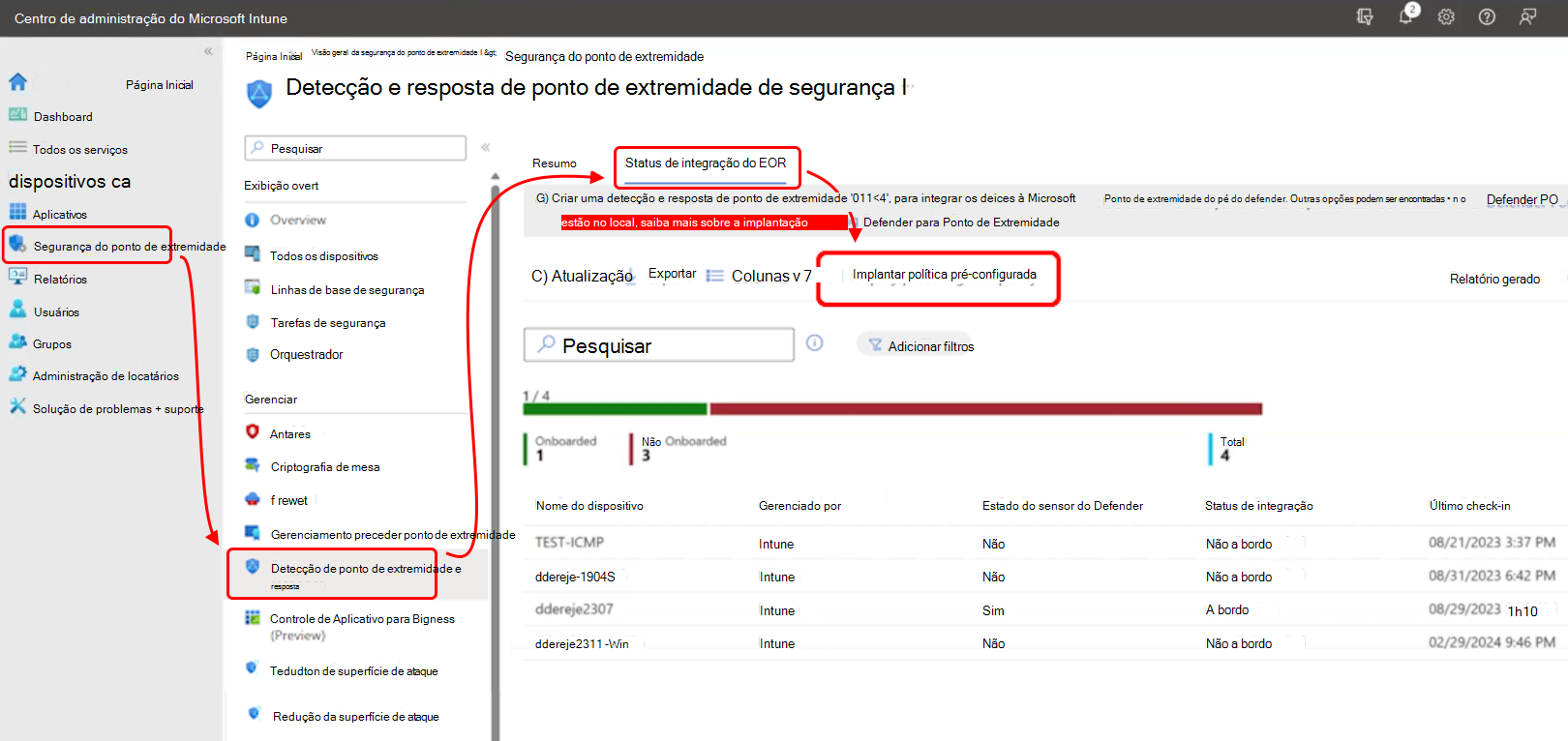 Captura de ecrã do centro de administração que mostra onde encontrar a opção Implementar política pré-configurada.