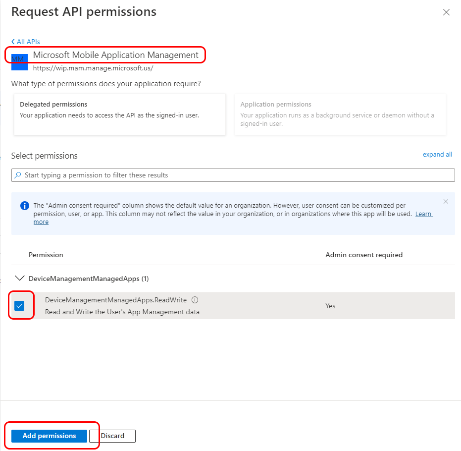 Configurar permissões de API para a Gestão de Aplicações Móveis da Microsoft.