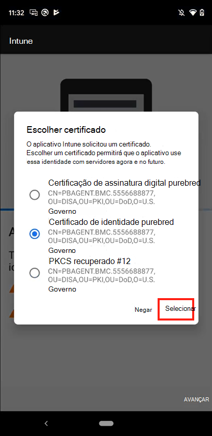 Captura de ecrã a mostrar o pedido Escolher certificado