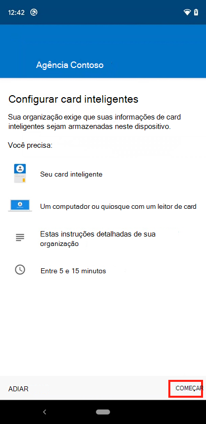 Captura de ecrã a mostrar a aplicação Intune Configurar o ecrã de acesso inteligente card móvel.