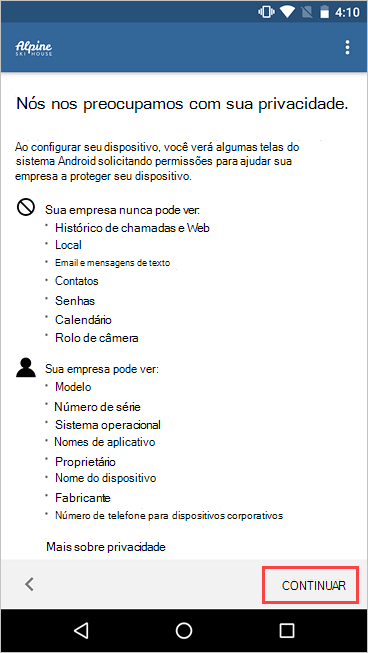 Captura de ecrã a mostrar Portal da Empresa estamos preocupados com o seu ecrã de privacidade, realçando o botão Continuar.