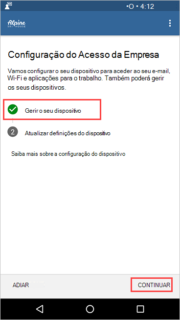 Captura de ecrã do Portal da Empresa, ecrã Configuração do Acesso da Empresa, a mostrar Que a opção Gerir o dispositivo está concluída.