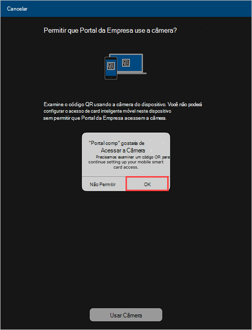 Captura de ecrã de exemplo de um pedido de Portal da Empresa a pedir permissão para permitir o acesso à câmara.